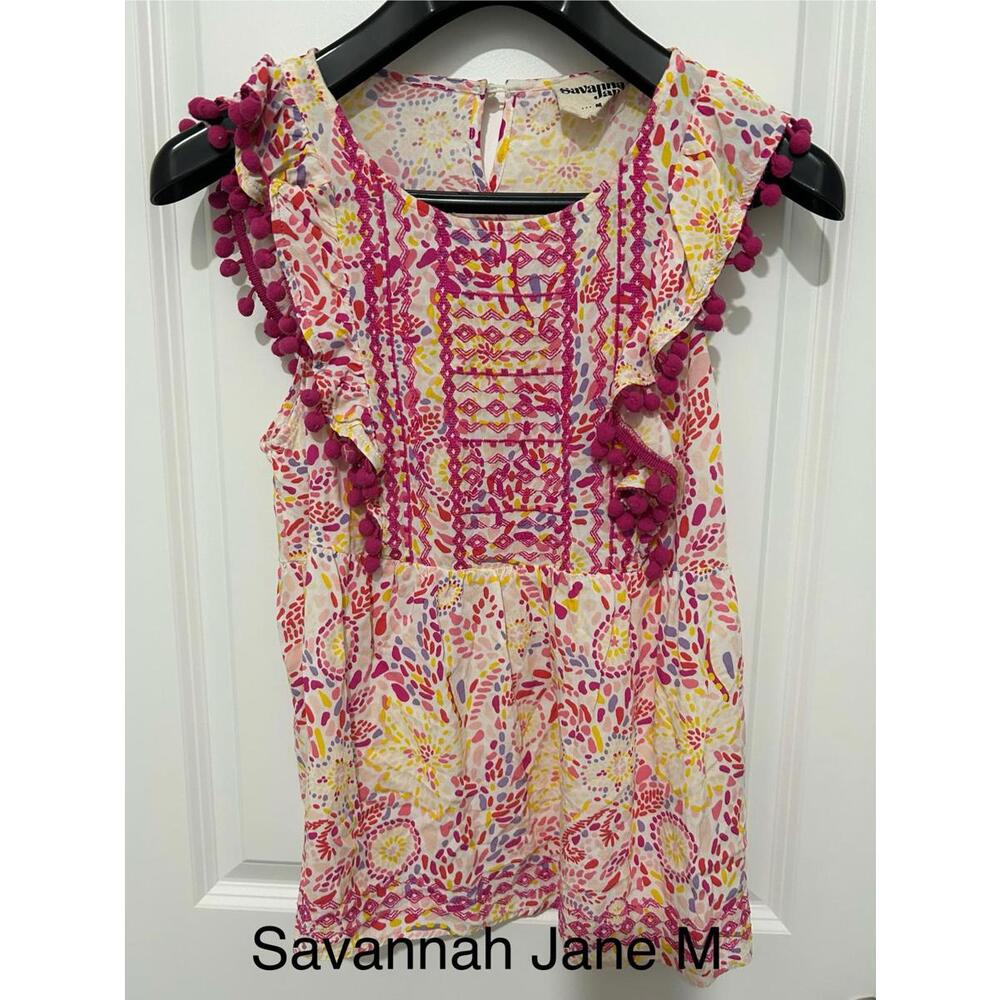 Savanna‎ Jane Embroidered Sleeveless Blouse with Pom Pom Trim